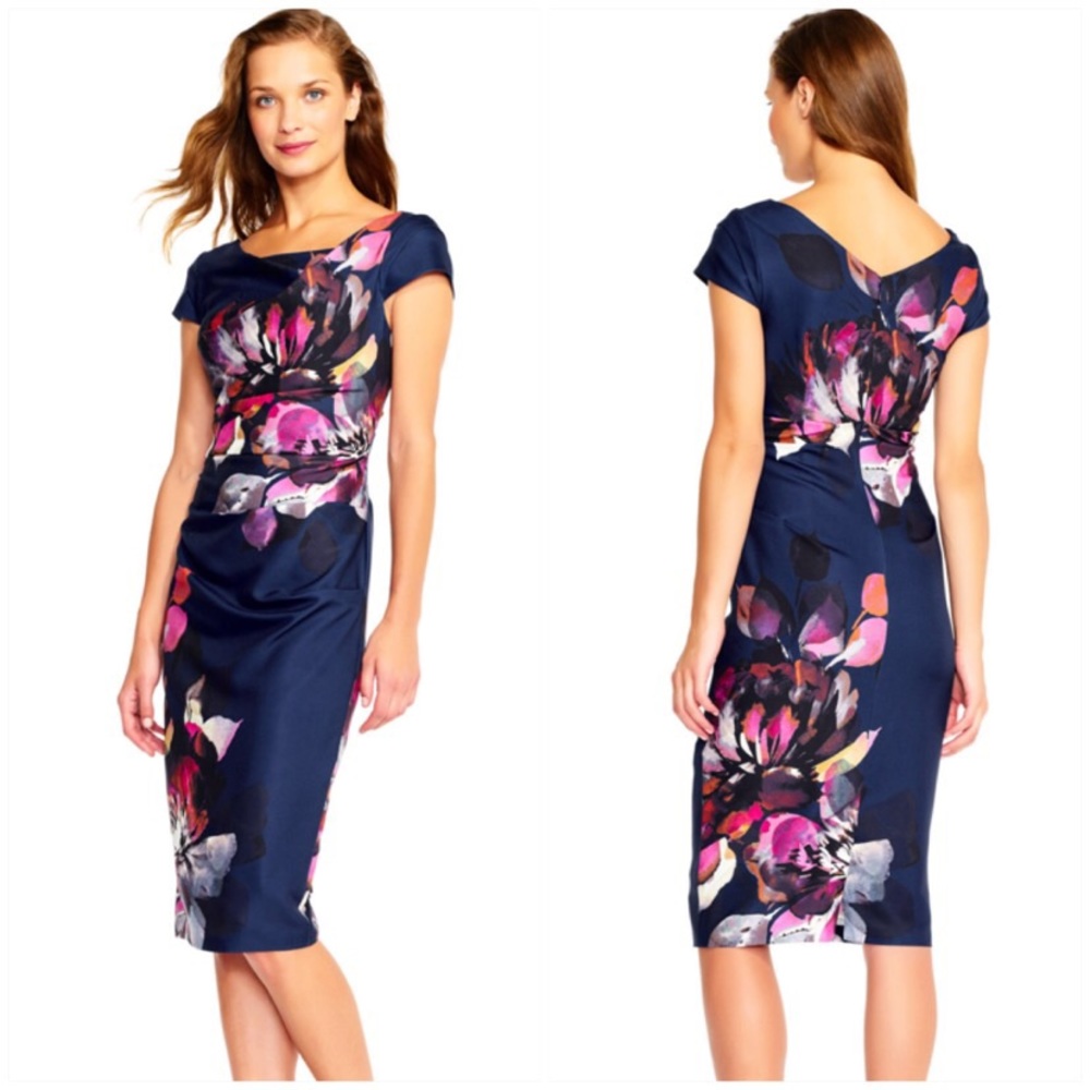 Adrianna Papell Floral Sheath Cowl Dress Sz 8